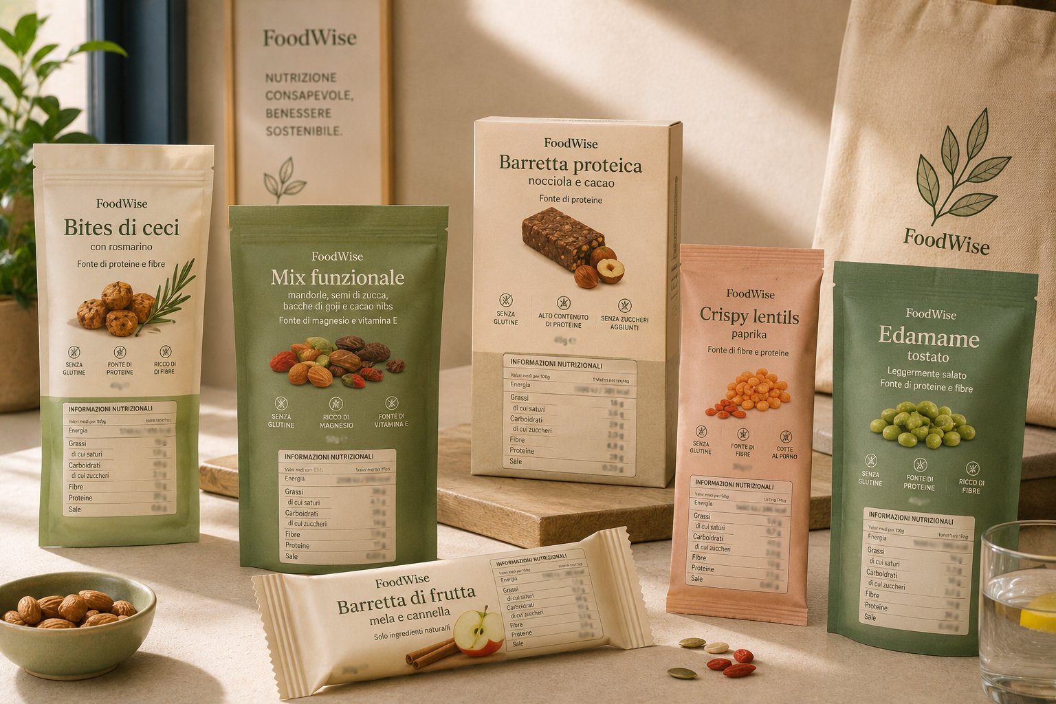 Selezione di snack e proposte alimentari FoodWise: barrette, mix di semi e frutta secca, bowl