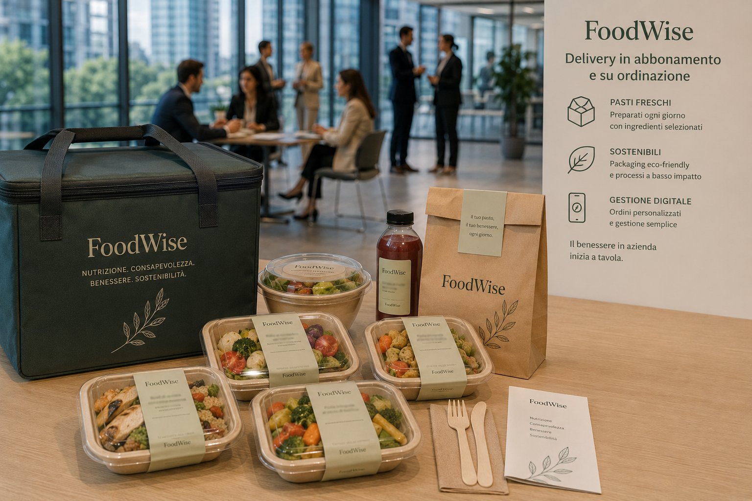Servizio delivery FoodWise: vaschette di pasti freschi pronte per la consegna in azienda